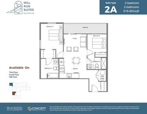 Floor plan for 2 beds, 2 baths, 882 sqft